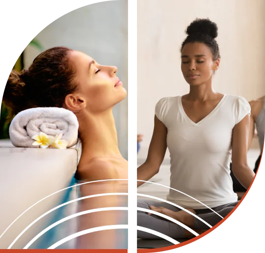 A woman relaxing in a luxury spa pool alongside a student practicing mindfulness meditation at The Spa at Northwest